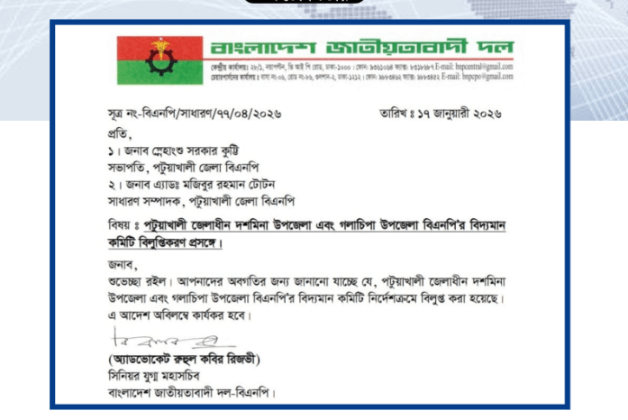 ভিপি নুরের পক্ষে কাজ না করায় গলাচিপা–দশমিনা বিএনপির কমিটি বিলুপ্ত