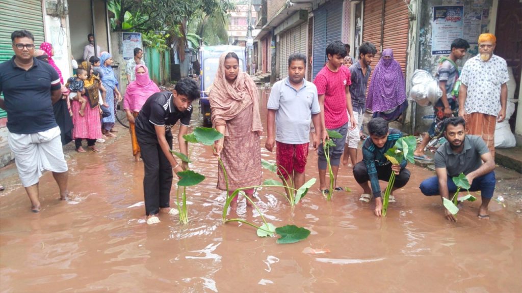 ঝালকাঠিতে সড়কে হাঁটুপানি, কচুগাছ লাগিয়ে প্রতিবাদ স্থানীয়দের ঝালকাঠিতে সড়কে হাঁটুপানি, কচুগাছ লাগিয়ে প্রতিবাদ স্থানীয়দের