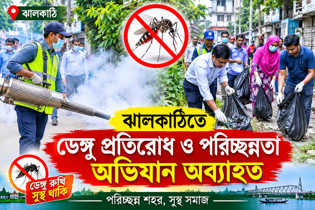 ঝালকাঠিতে ডেঙ্গু প্রতিরোধ ও পরিচ্ছন্নতা অভিযান অব্যাহত
